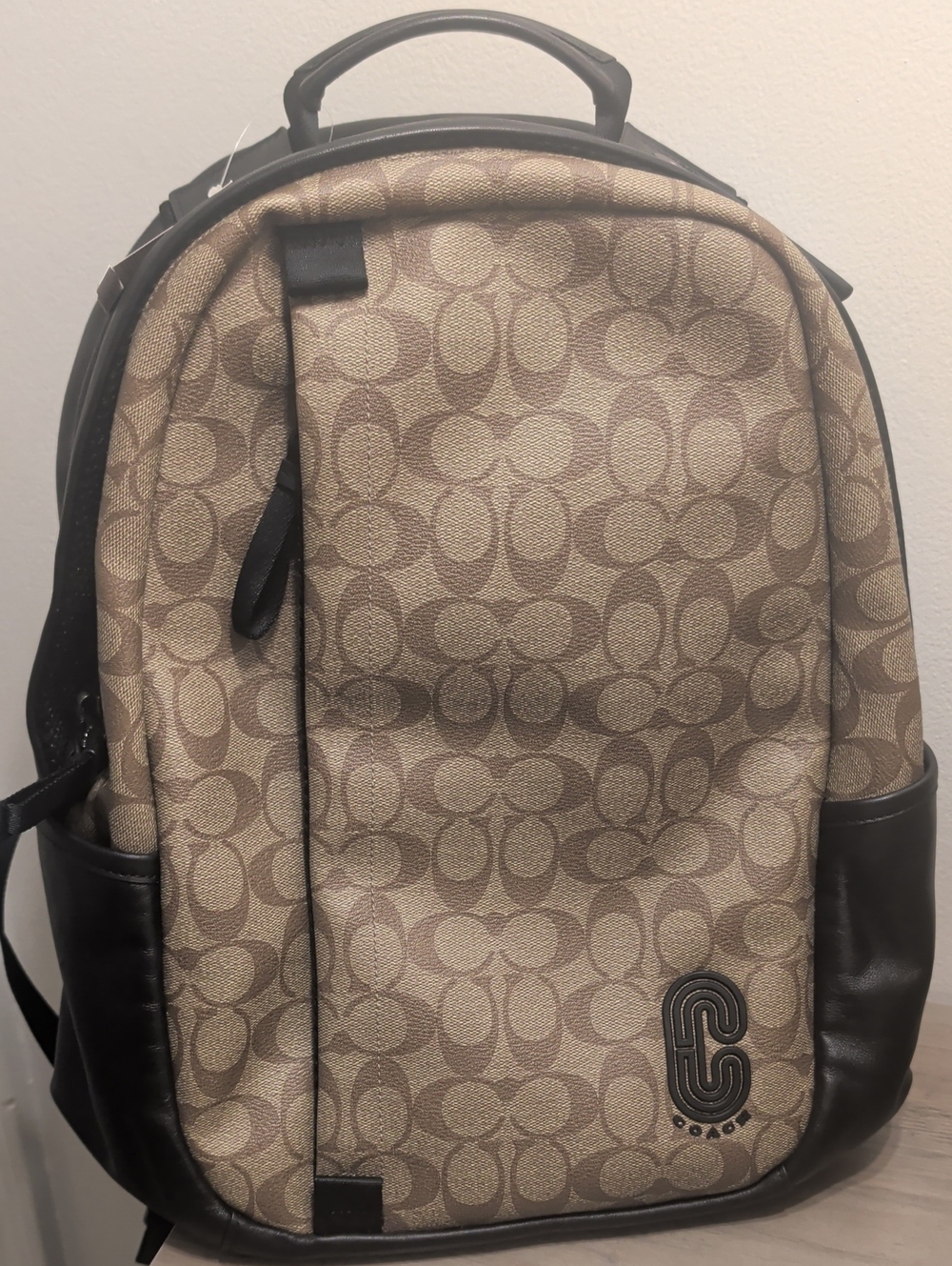 Coach Men's Signature Canvas Backpack in Khaki and Chestnut Leather